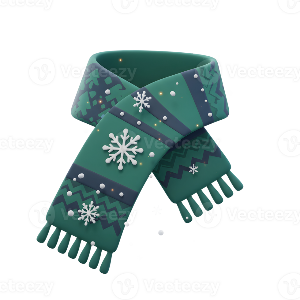 A green knitted scarf with snowflake ornaments is pictured, providing warmth and style during the winter season. png