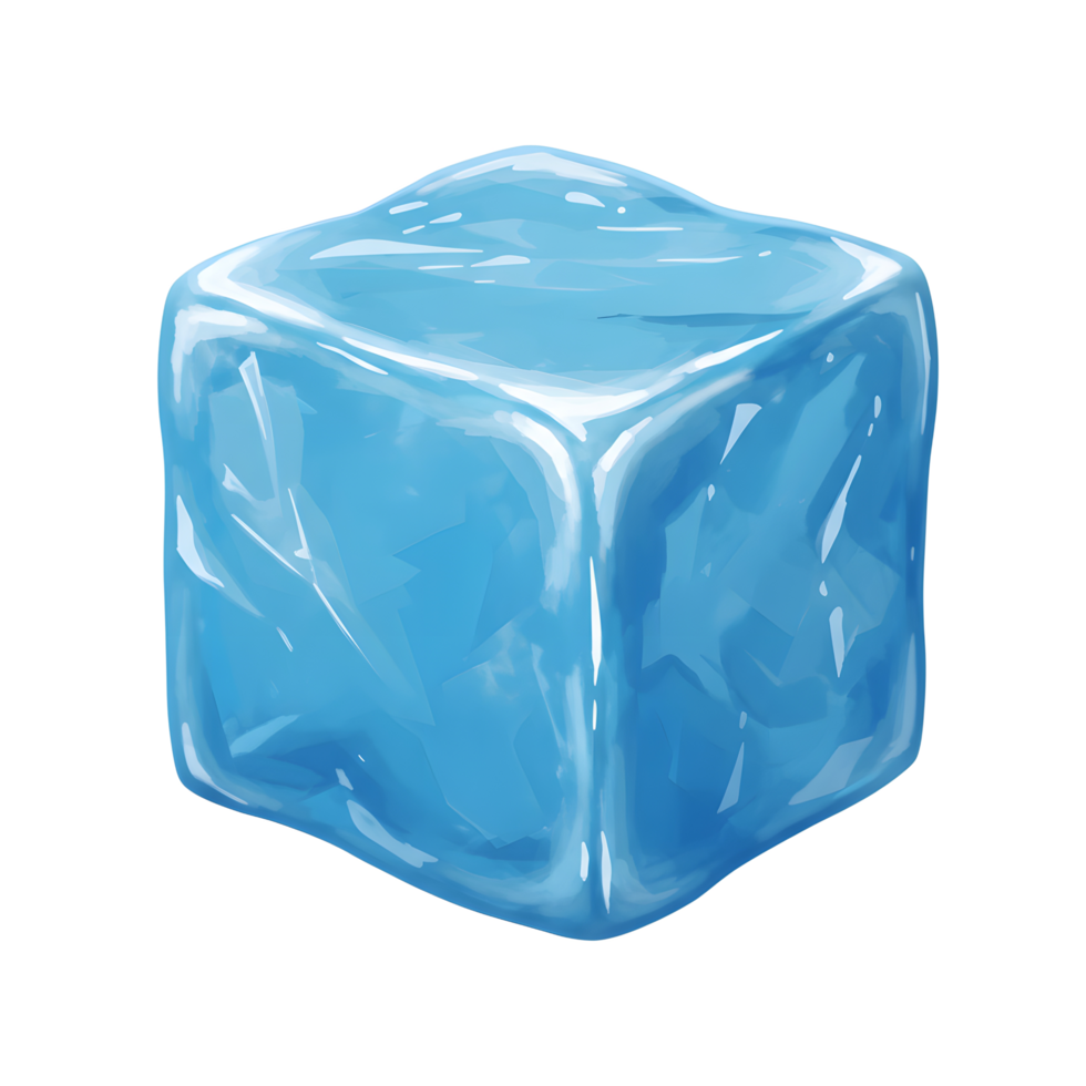 A single, blue ice cube is depicted in a slightly distorted cubic shape with a light-reflecting surface, perfect for cooling drinks. png
