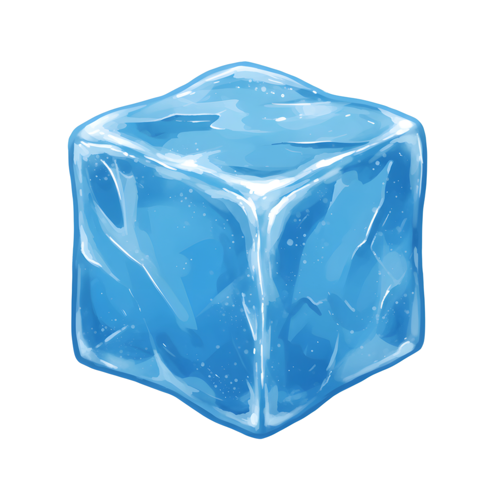 A single, translucent blue ice cube is depicted in a digital illustration, ideal for visualising coldness or refreshment. png
