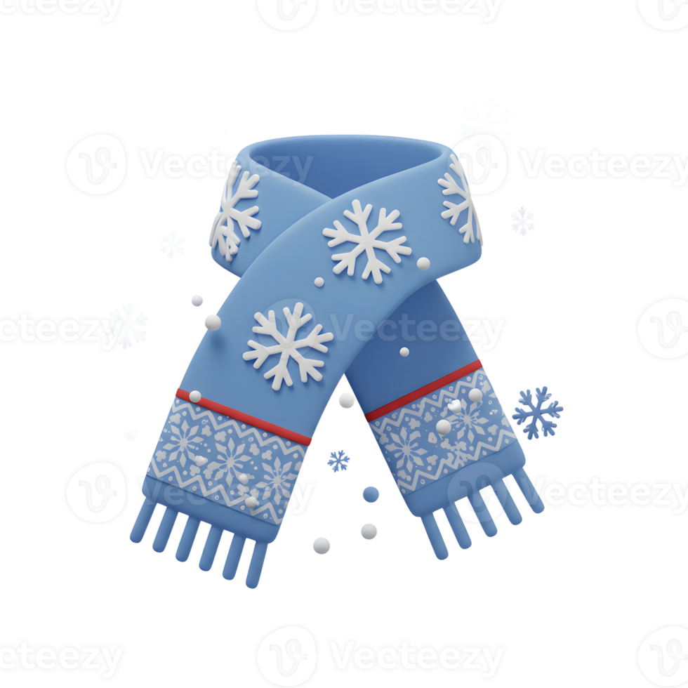A light blue scarf with white snowflakes and red stripes is surrounded by falling snow, perfect for winter weather apparel. png