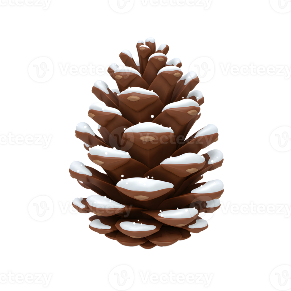 A single brown pine cone has a dusting of snow on each scale creating a decorative, wintry feel that is ideal for holiday crafts. png