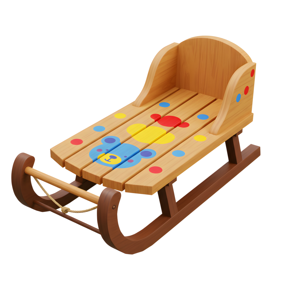 This wooden sled features a cute bear design and colorful dots, making it perfect for winter activities and snowy adventures with children. png