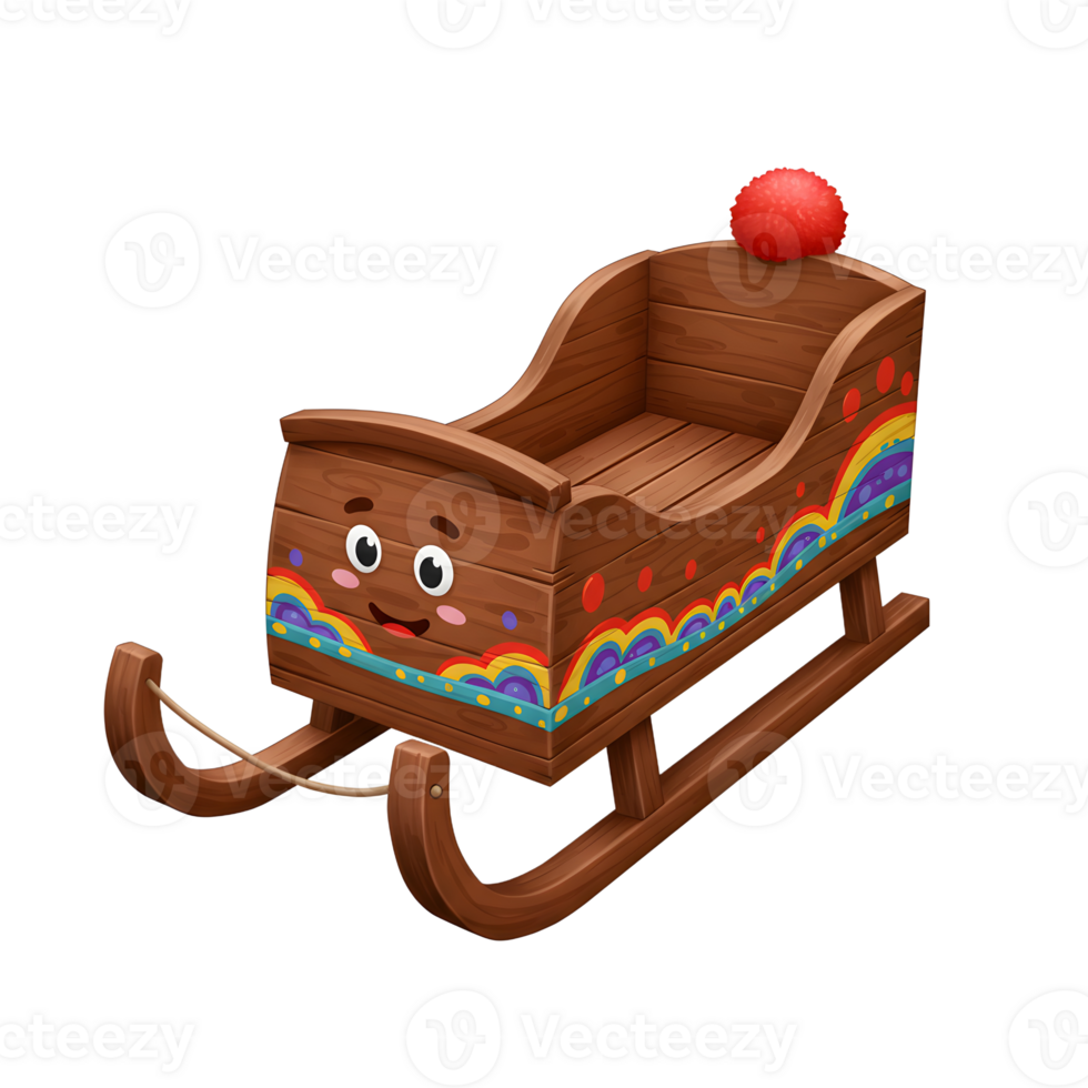 A charming wooden sled features a cute face, a red pompom, and colorful decorative details, perfect for adding a whimsical touch to holiday-themed designs or winter scenes. png