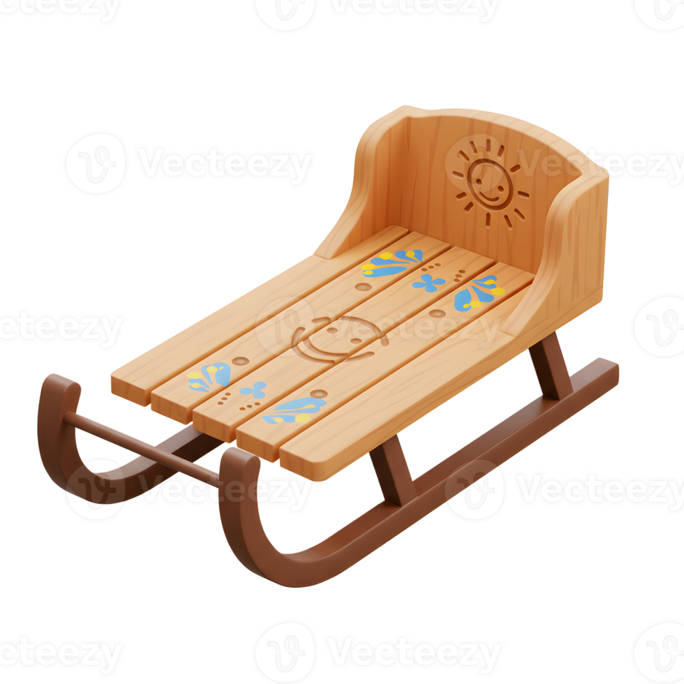 A light brown wooden sled with a sun and flower design sits ready for a winter day of outdoor fun. png