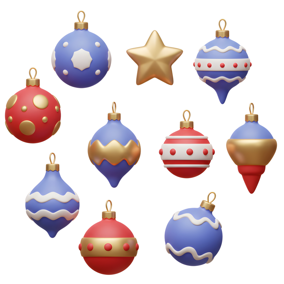 Collection of Christmas ornaments and star creates a festive and joyful atmosphere for decorating Christmas trees. png