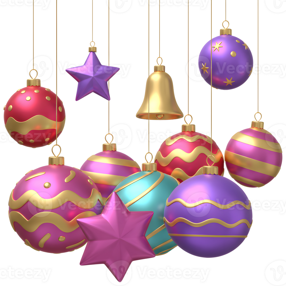 A group of colorful hanging Christmas ornaments, including balls, stars, and a bell, create a festive scene perfect for holiday decor. png