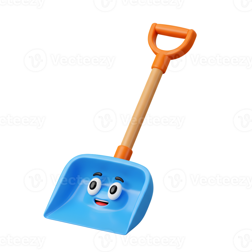 A cartoon shovel with a face is shown standing upright, making it suitable for use as a children's toy or in a sandbox. png