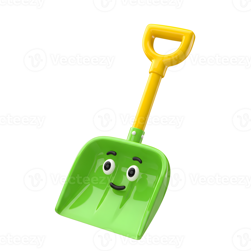 A green and yellow cartoon shovel with a happy face, perfect for children's play or decoration. png