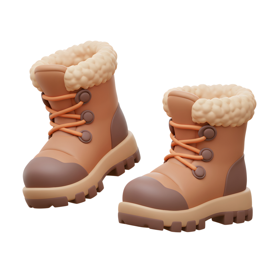 Two cute cartoon winter boots with fur trim and laces are displayed, perfect for cold weather wear. png