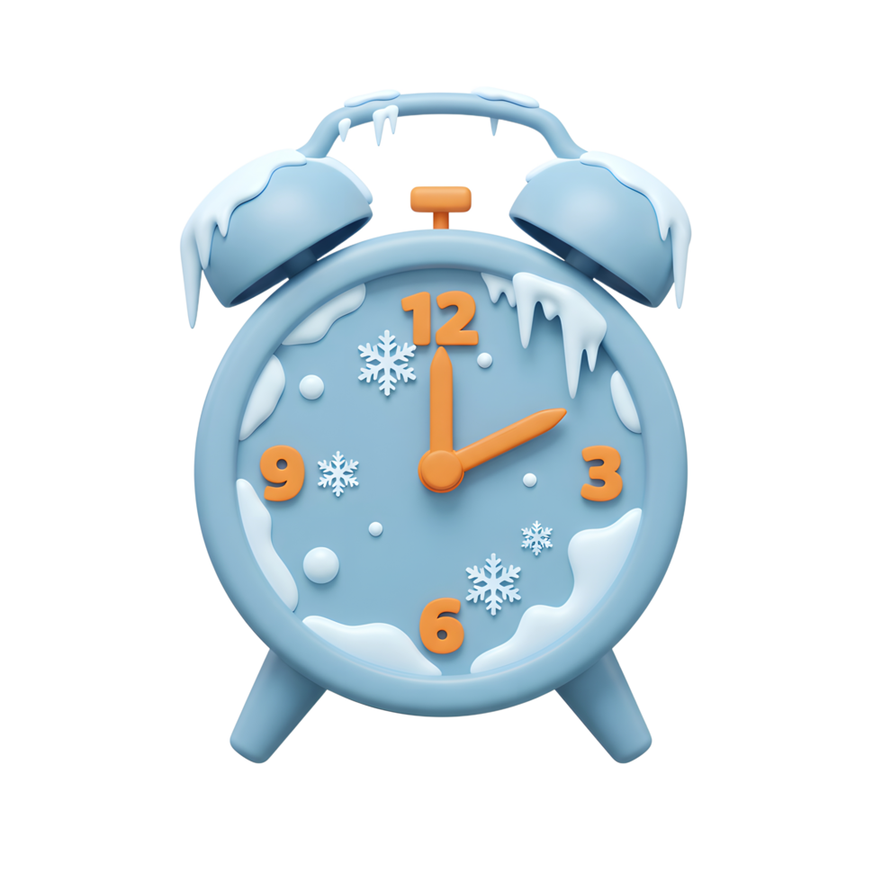 A blue alarm clock covered in snowflakes and icicles suggests a wintery time change or a reminder about the colder season. png