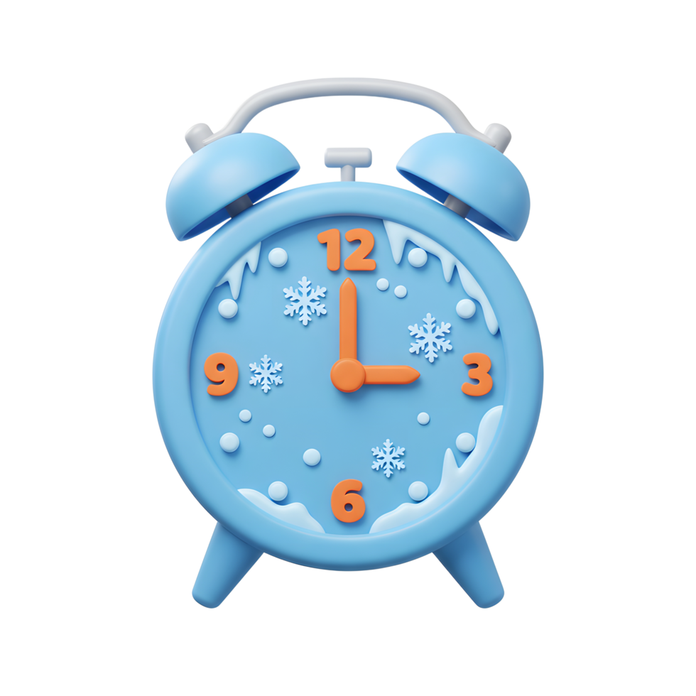 A cute blue alarm clock features snowflakes and snow, indicating a winter theme that can be used for seasonal reminders or time-related projects. png