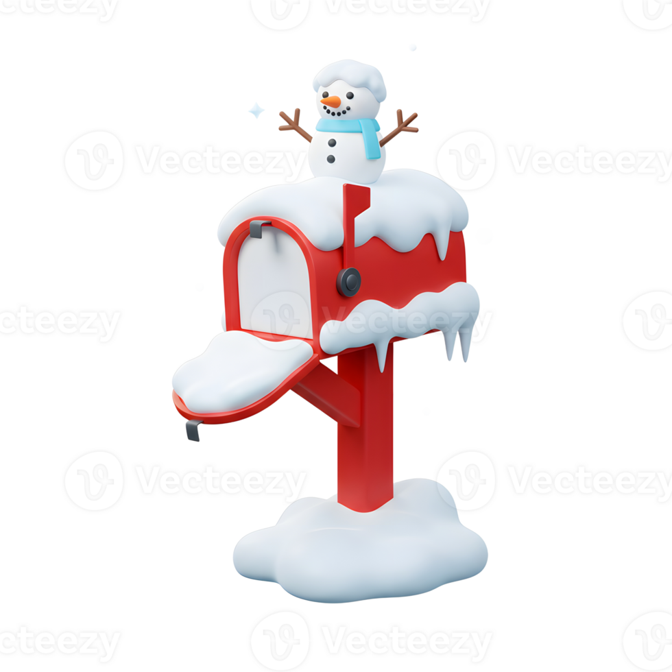 A festive snowman is perched atop a red mailbox covered in snow, signifying winter correspondence or holiday greetings. png