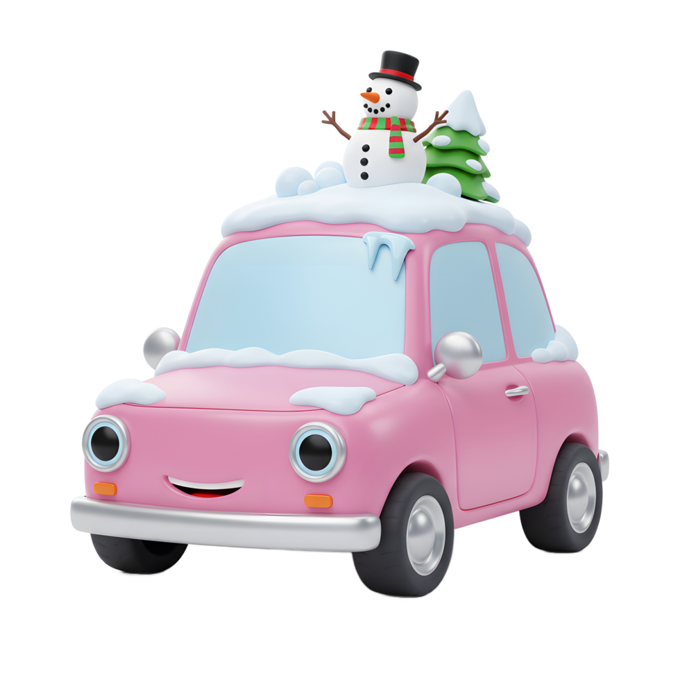 A cute pink car is decorated with a snowman, Christmas tree and snow on top, creating a festive winter scene for holiday decor. png