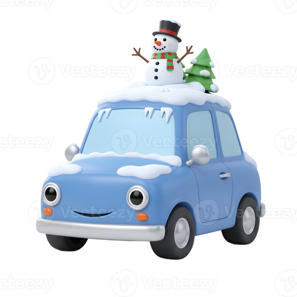 A blue cartoon car is decorated with a snowman, tree, and snow for a festive holiday image, perfect for use in Christmas and winter-themed designs. png
