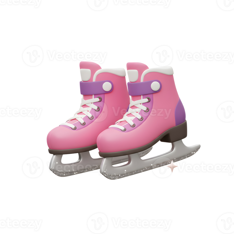 A pair of pink ice skates with a purple strap and silver blade are surrounded by pink stars, making them ideal for winter activities. png