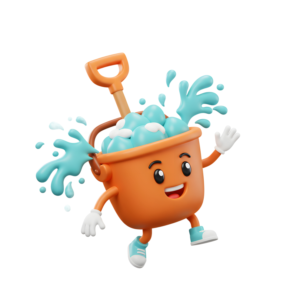 A cheerful cartoon bucket character with a shovel is splashing water, portraying a fun and playful element for illustrations or animations. png