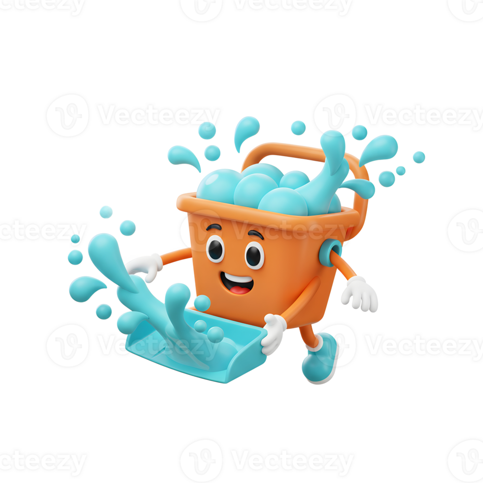 A cartoon bucket character is filled with water and holding a dustpan, perfect for cleaning or washing related concepts. png