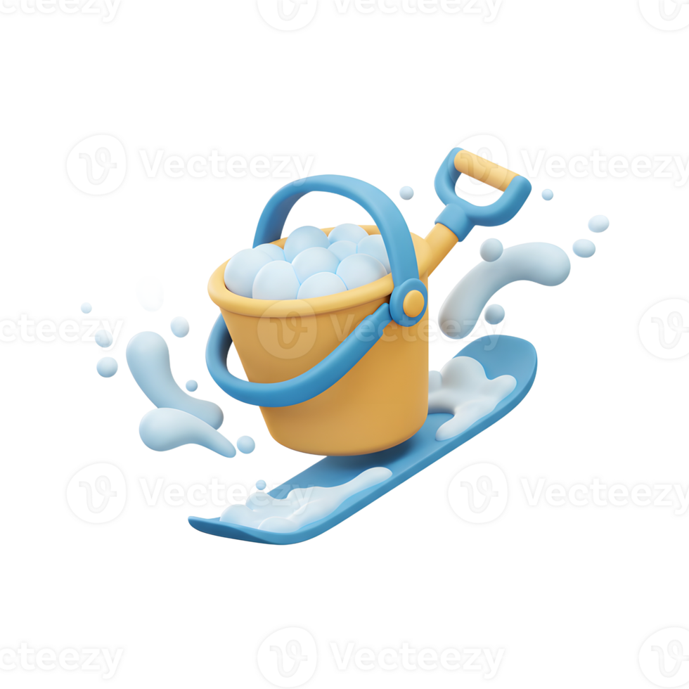 A cartoon bucket filled with bubbles rests on a snowboard with splashes of liquid, suggesting a playful and whimsical use in illustrations. png