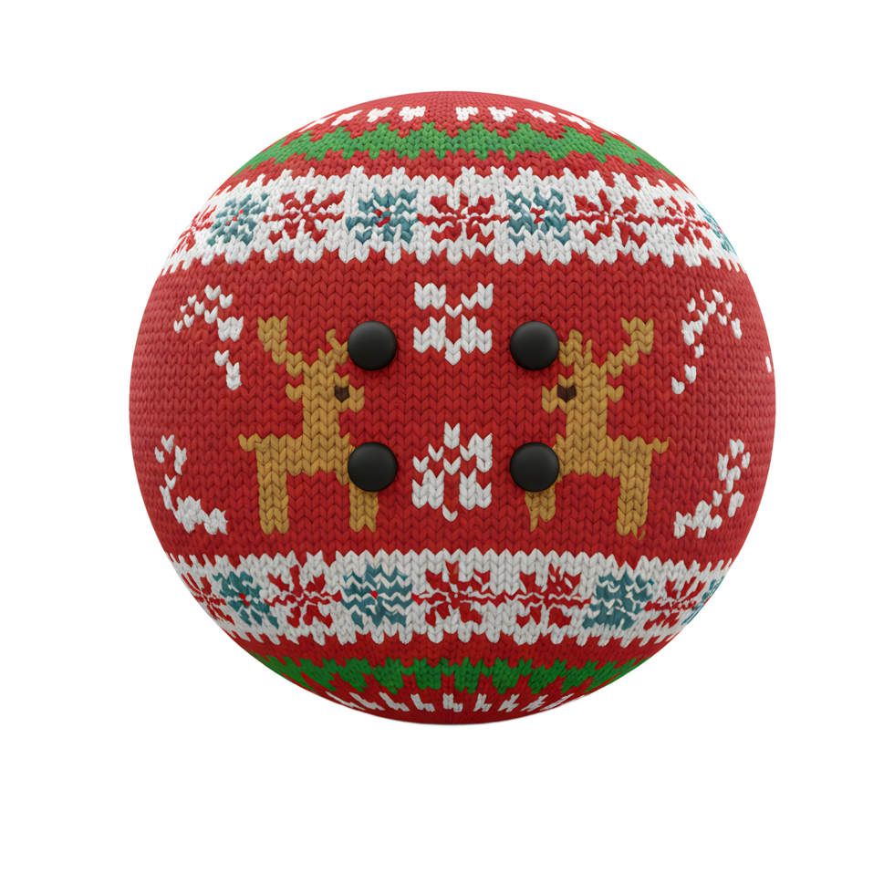 This red bowling ball features a knitted reindeer pattern, making it perfect for adding a festive touch to your bowling game during the holiday season. png