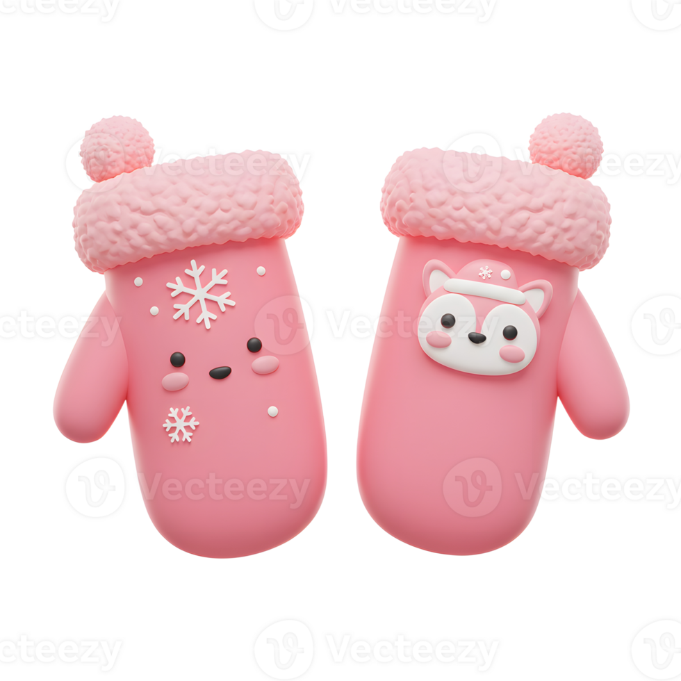 Two pink cartoon mittens decorated with a snowflake and a fox design are ready to keep your hands warm in the winter season. png