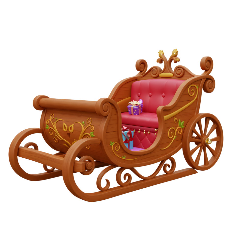A wooden sleigh with red cushioned seating carries wrapped gifts, making it ideal for holiday displays. png