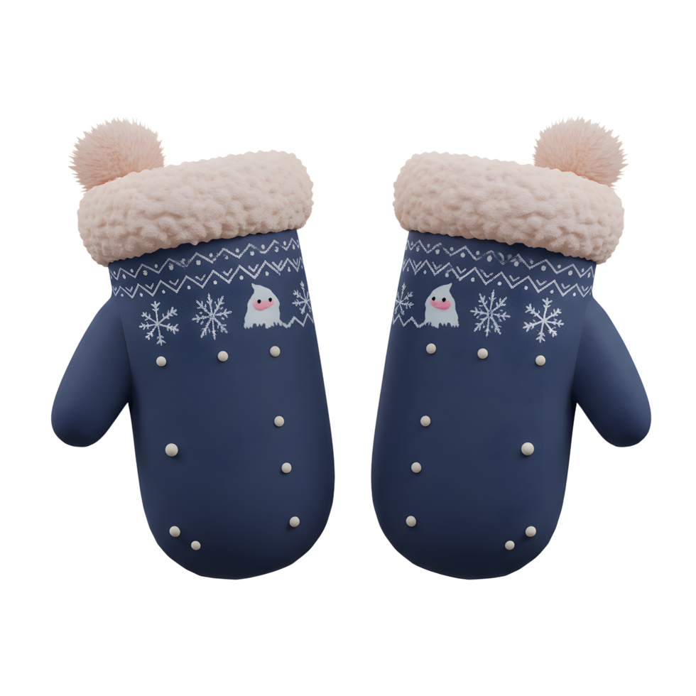 Pair of blue knitted mittens with snowflake and ghost patterns are shown, perfect for keeping warm in cold weather. png