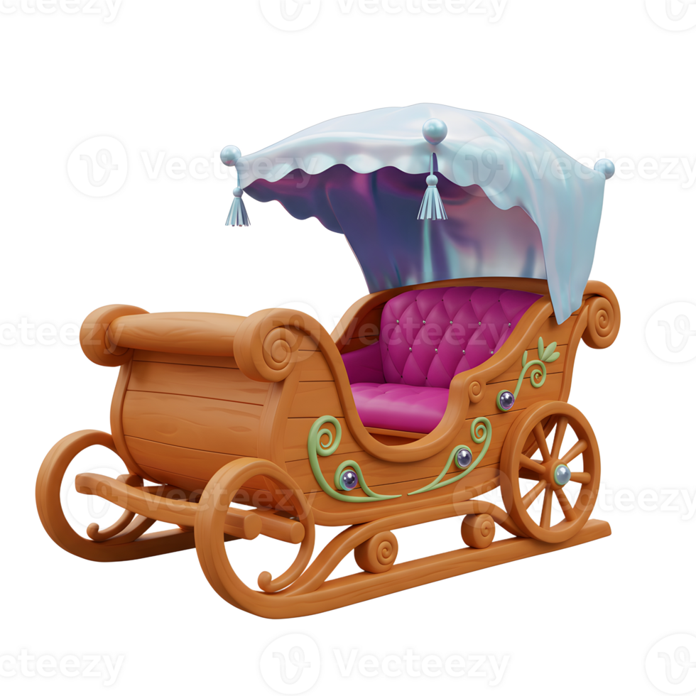A whimsical wooden sleigh features a delicate canopy, pink cushion, and ornate details, which can be used for holiday or fantasy themes. png