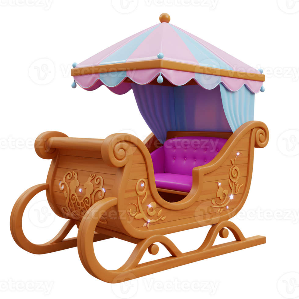 A whimsical cartoon sleigh with a striped pink and blue canopy, a plush pink seat, and decorative carvings adds charm, perfect for festive decorations or toy designs. png