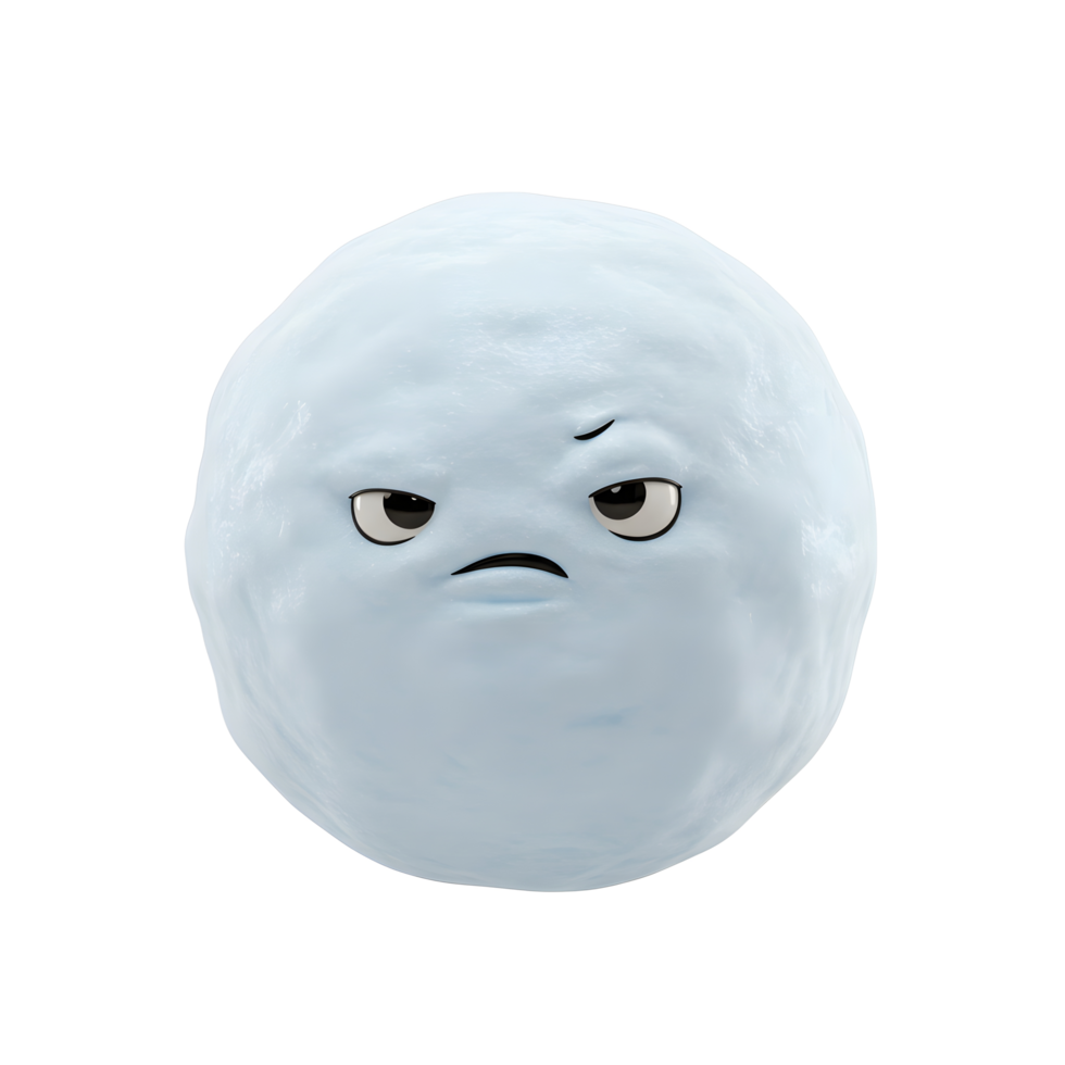 A cartoon snowball displays a suspicious expression, featuring furrowed brows and a downturned mouth, intended for emotive illustration. png