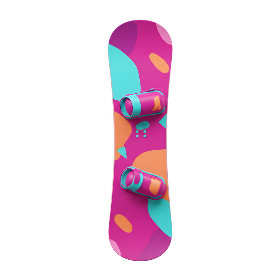 A snowboard with pink, purple, teal, and orange abstract shapes and bindings is shown, used for winter sport. png