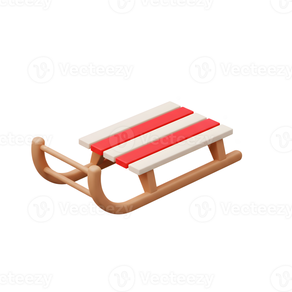 A 3D rendering shows a sled with red and white stripes, followed by a trail of snow, suggesting a fun ride through a winter wonderland. png