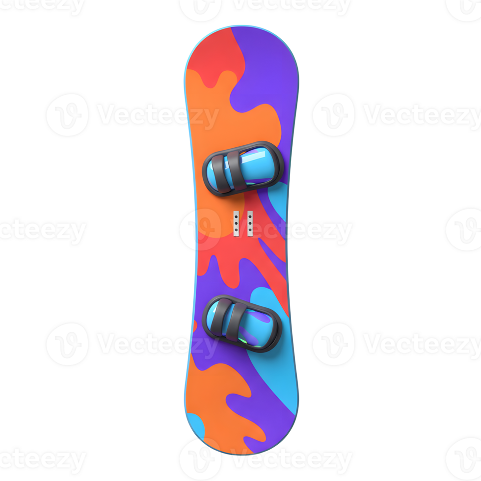 A colorful snowboard with bindings is presented on a white background, ready for winter sports. png