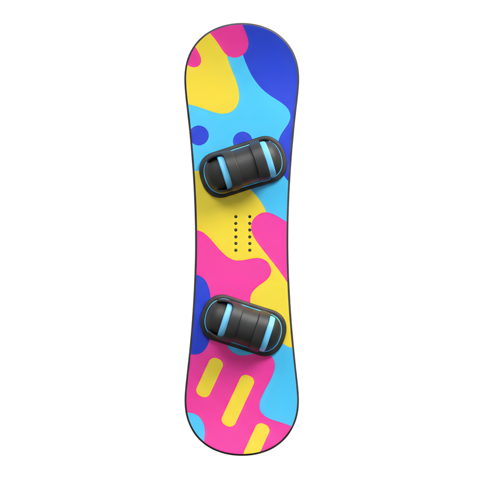 A snowboard featuring a vibrant, abstract pattern and black bindings is shown, typically used for winter sports. png