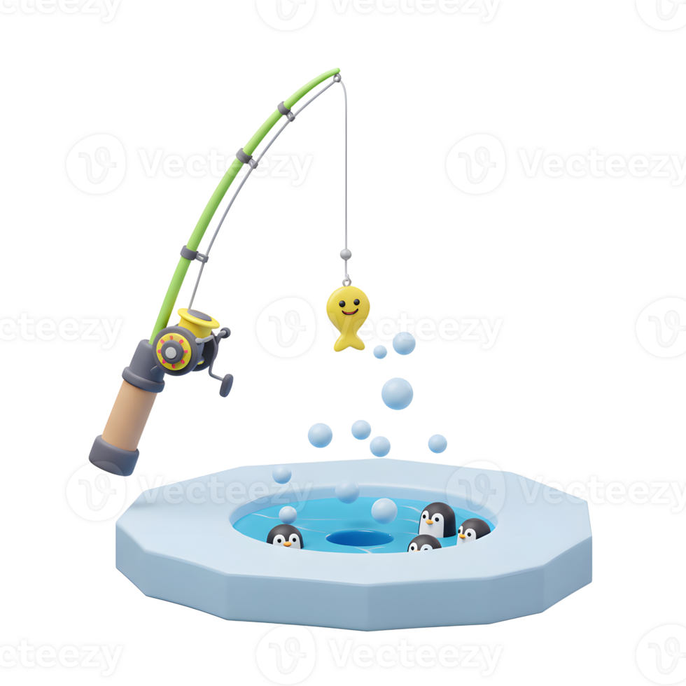 Cute penguins are attempting to catch a smiling fish toy with a fishing rod in a pool of water, suitable for children's illustrations. png