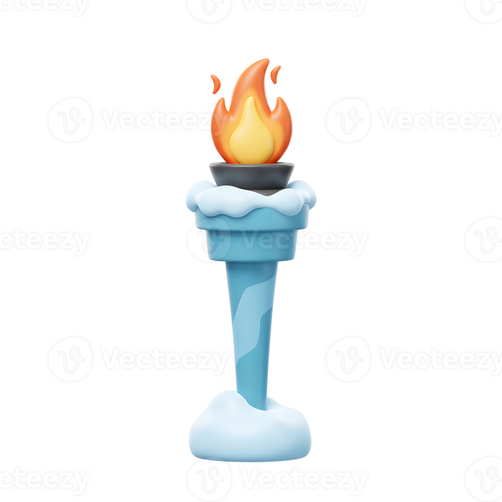A 3D render of a torch topped with a flame and surrounded by snow, creating a cold and warm contrast for decorative purposes. png