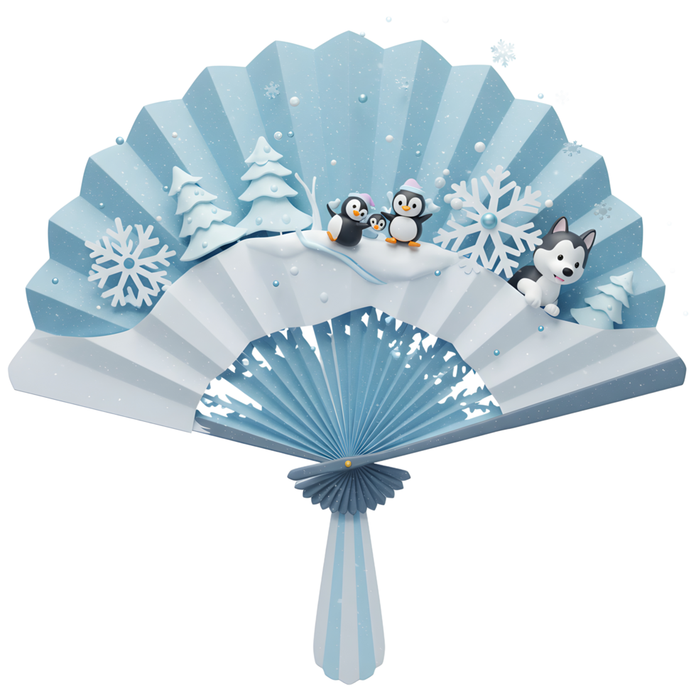 Penguins and a dog enjoy a snowy winter scene displayed on a blue and white folding fan, perfect for seasonal decoration. png