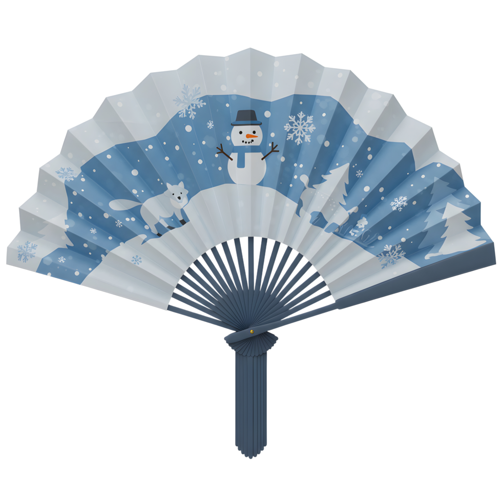 This hand fan features a winter scene with a snowman, fox, and snowflakes, making it a decorative and functional accessory for staying cool during warmer weather. png