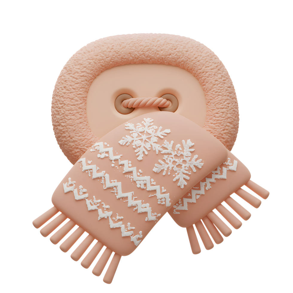 A 3D rendering depicts a button adorned with a scarf, suggesting cozy winter accessorizing or craft ideas. png
