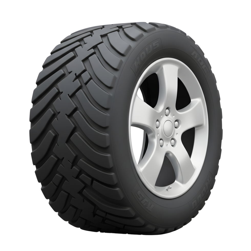 The rugged tire with a silver rim features a detailed tread pattern and provides great traction on various terrains for vehicle usage. png