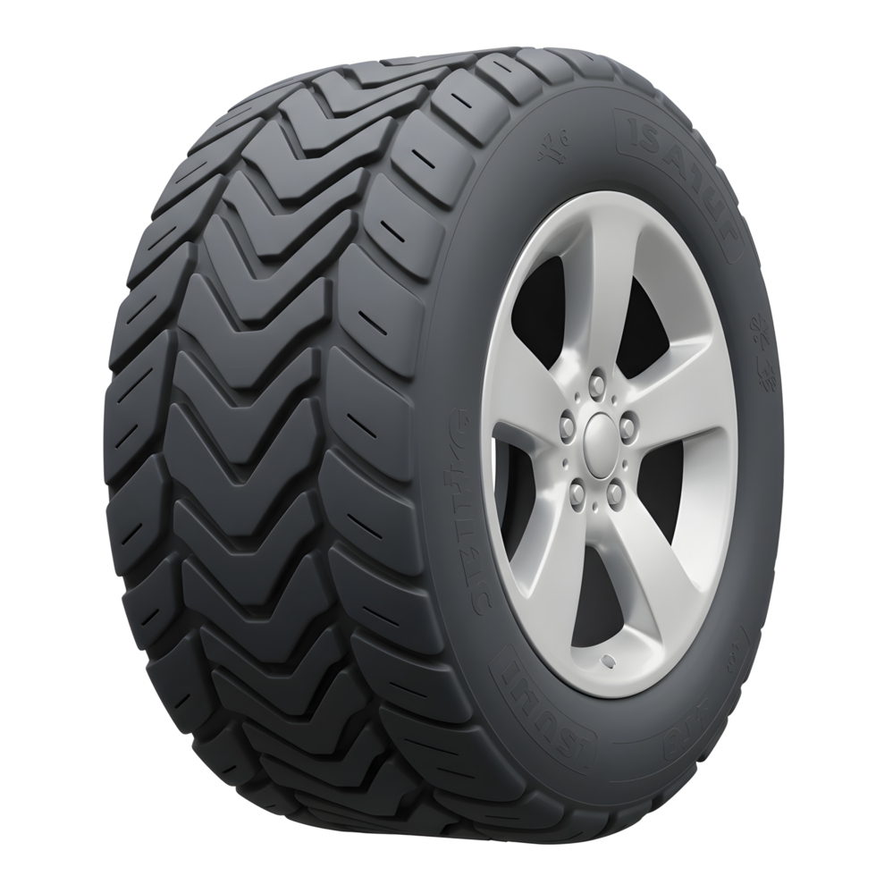 A gray car tire with a complex tread pattern sits alongside a five-spoke silver rim, ready for vehicle installation and use. png