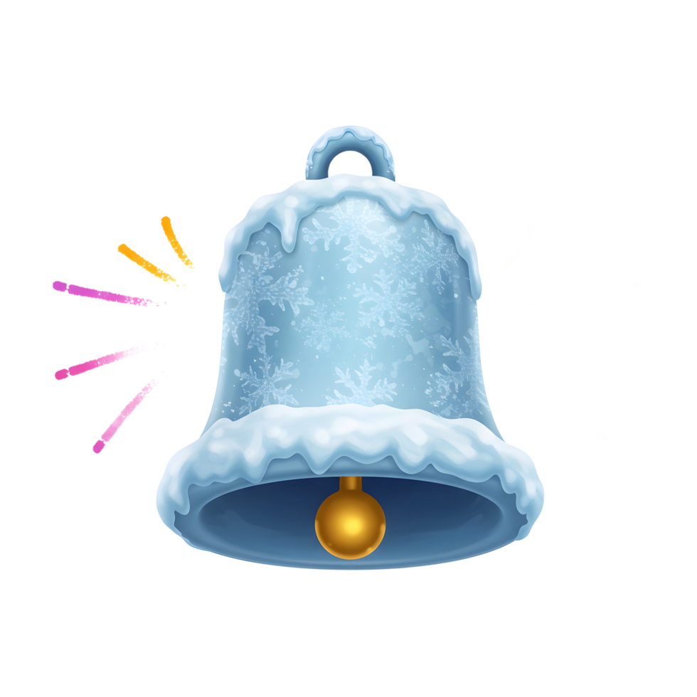 A light blue bell is decorated with snowflakes and topped with snow, creating a festive winter image that can be used for seasonal greetings and decorations. png