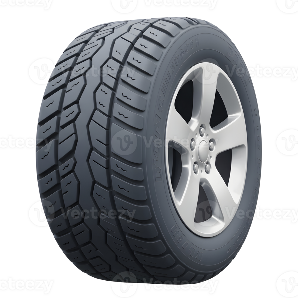 A car tire is mounted on a silver rim and shows a rugged tread design, suggesting use for all-terrain vehicles. png