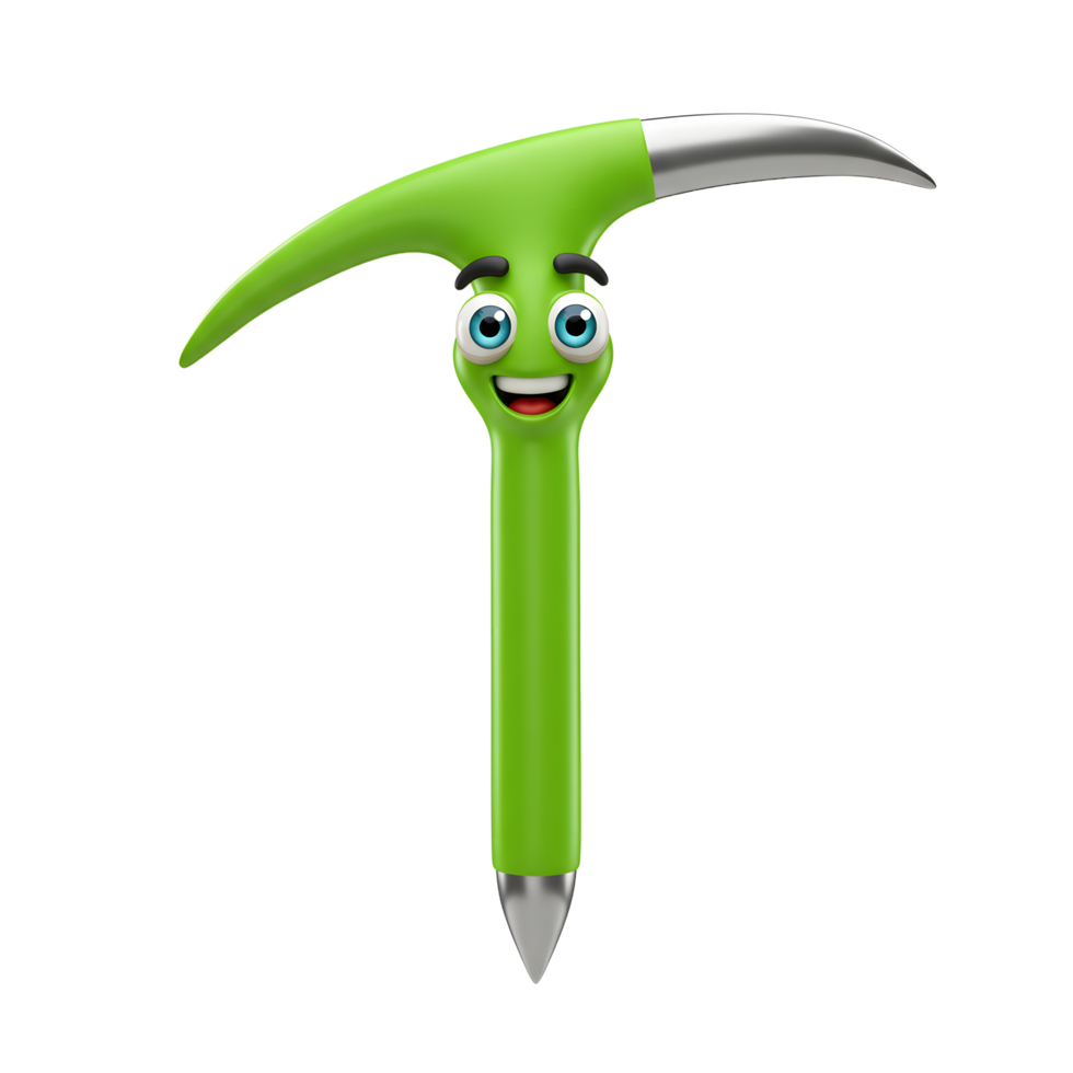 A green cartoon ice axe with a smiling face stands against a white background, making it suitable for adding charm to adventurous content. png