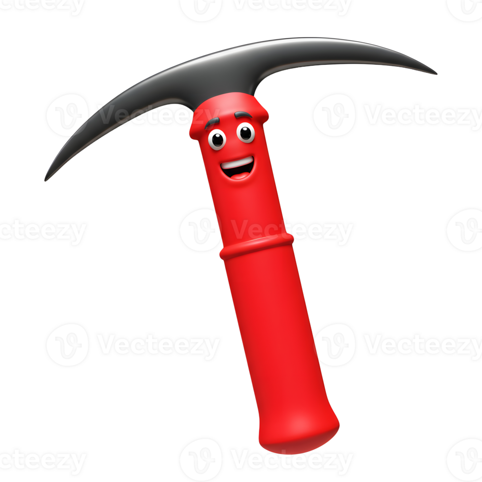 A 3D cartoon pickaxe with a red handle and a black head features a smiling face and is isolated on a white background, suitable for illustration. png