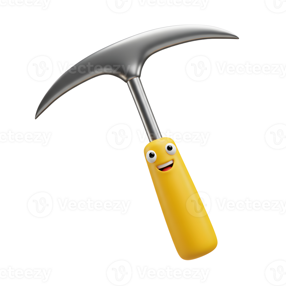 The cartoon pickaxe with a smiling face has a silver head and yellow handle, which could be used for a children's illustration. png