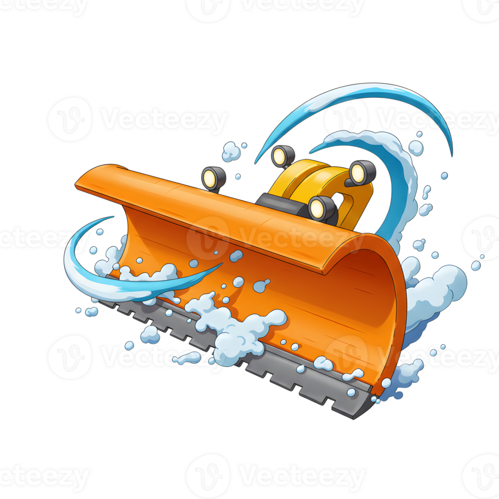 An illustration shows an orange snowplow pushing through water, creating a playful and dynamic image, ideal for weather or transportation contexts. png