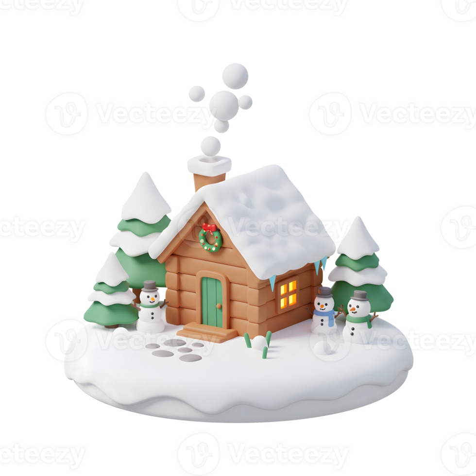 A cozy log cabin with snow-covered roof and surrounding snowmen creates a whimsical winter scene, perfect for holiday cards or decorations. png