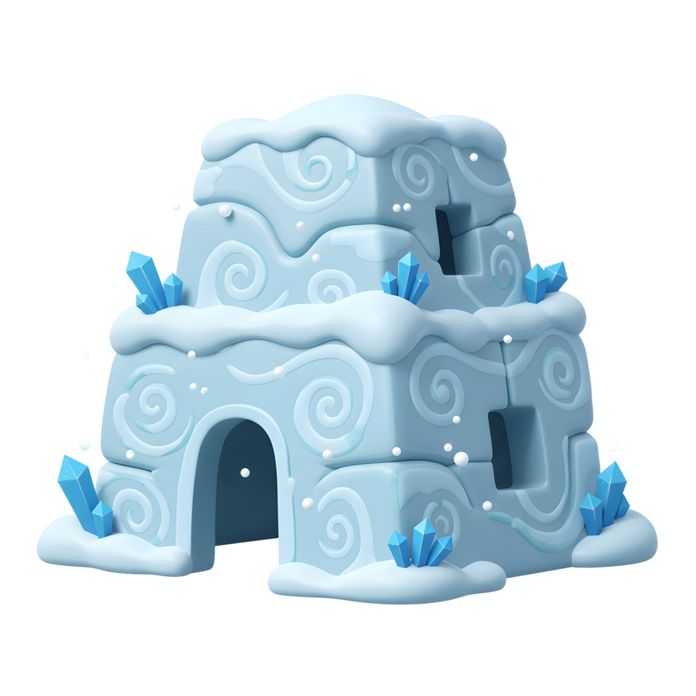A charming cartoon ice house is decorated with snow and blue crystals, creating a whimsical winter scene for decorative purposes. png