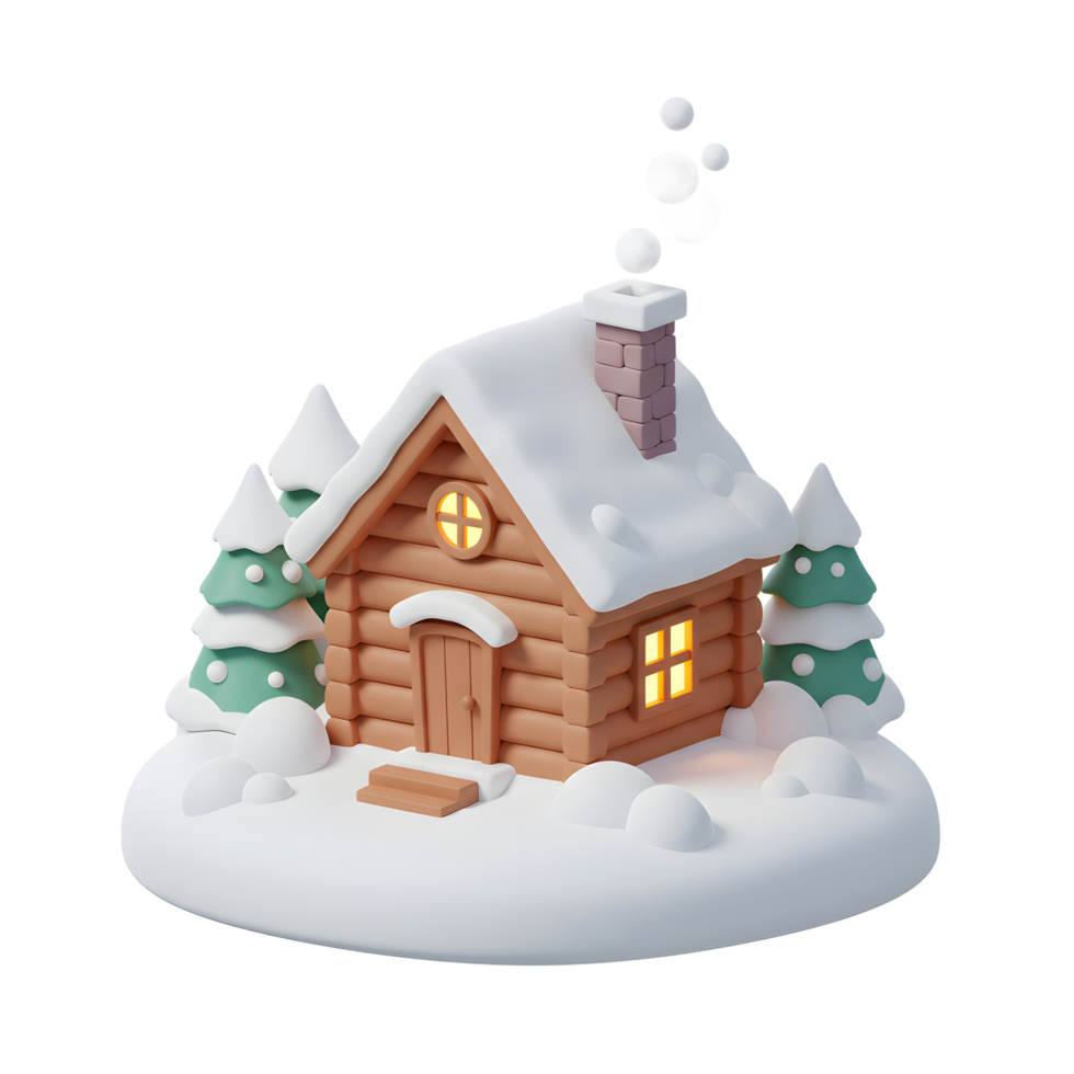 A charming cartoon-style log cabin covered in snow emits a warm glow from its windows, creating a cozy winter scene perfect for holiday greetings. png