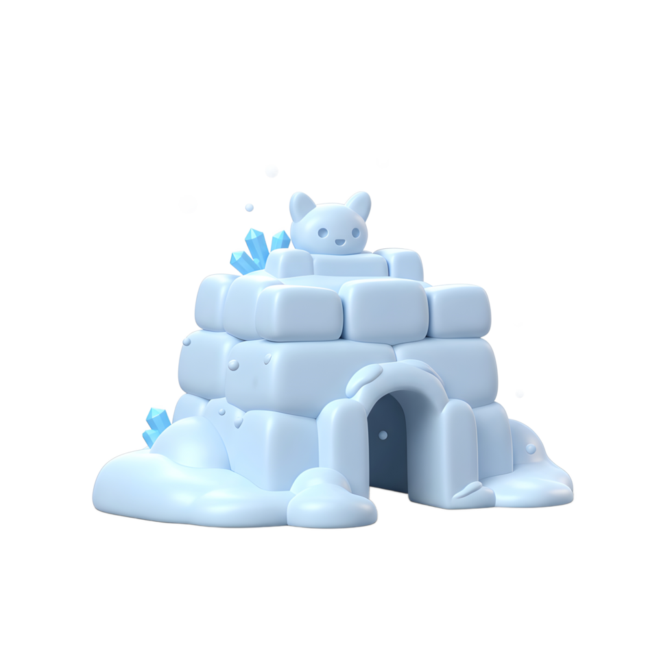 A cartoon igloo is decorated with a bear head and crystals, creating a whimsical and charming scene, perfect for children's illustrations. png